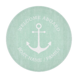 Custom Welcome Aboard nautical anchor seafoam mint Cutting Board