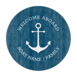 Custom Welcome Aboard nautical anchor teal white Cutting Board