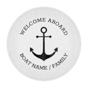 Custom Welcome Aboard nautical black anchor white Cutting Board