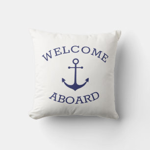 Custom Welcome Aboard nautical navy blue anchor Cushion