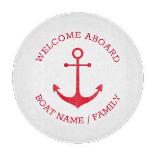 Custom Welcome Aboard nautical red anchor white Cutting Board