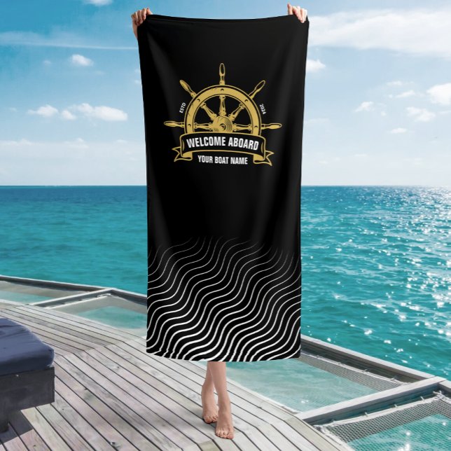 Custom Welcome Aboard Nautical Ship Wheel Black Beach Towel (Creator Uploaded)