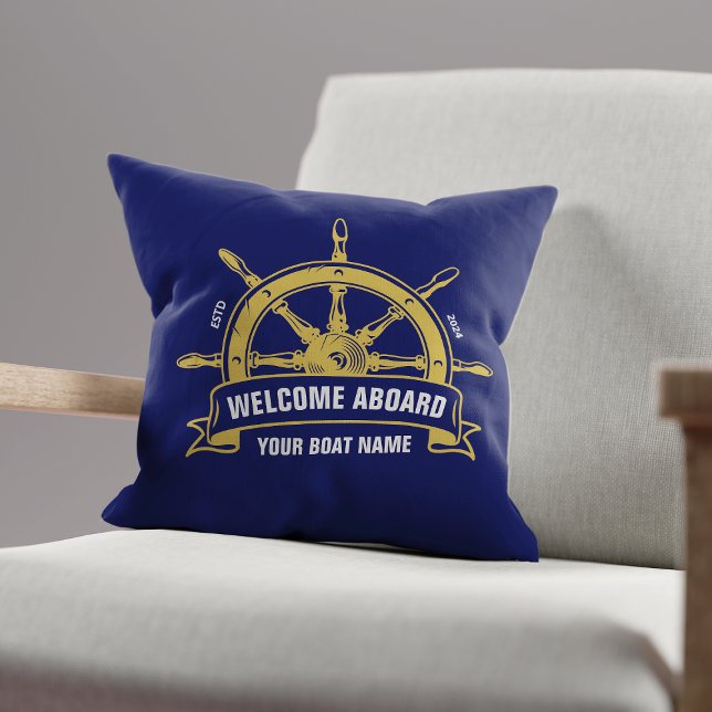 Custom Welcome Aboard Nautical Ship Wheel Blue Cushion (Creator Uploaded)