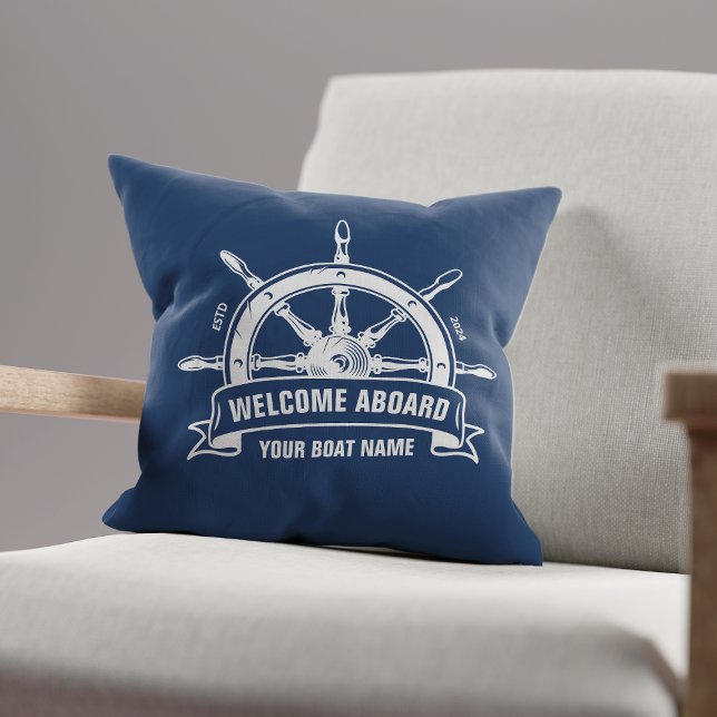 Custom Welcome Aboard Nautical Ship Wheel Blue Cushion (Creator Uploaded)
