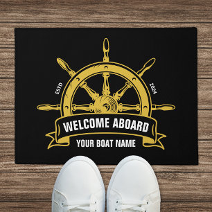 Custom Welcome Aboard Nautical Wheel Black & Gold Doormat