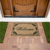 Custom Welcome Antique Floral Scroll Faux Burlap