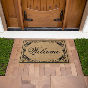 Custom Welcome Antique Floral Scroll Faux Burlap Doormat