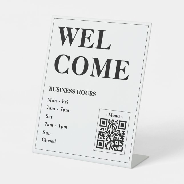Custom Welcome Business Hours With QR Code Pedestal Sign (Front)
