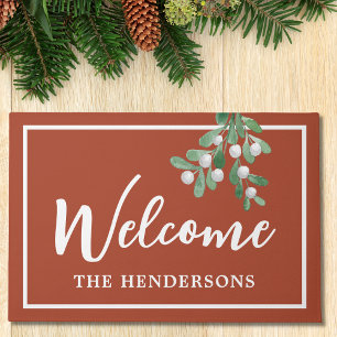 Custom Welcome Mistletoe Rust Holiday Christmas Do Doormat