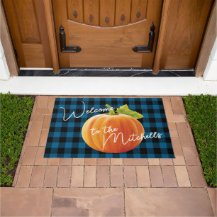 Custom Welcome Orange Pumpkin On Black Blue Check Doormat
