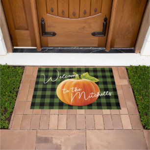 Custom Welcome Orange Pumpkin On Black Green Check Doormat