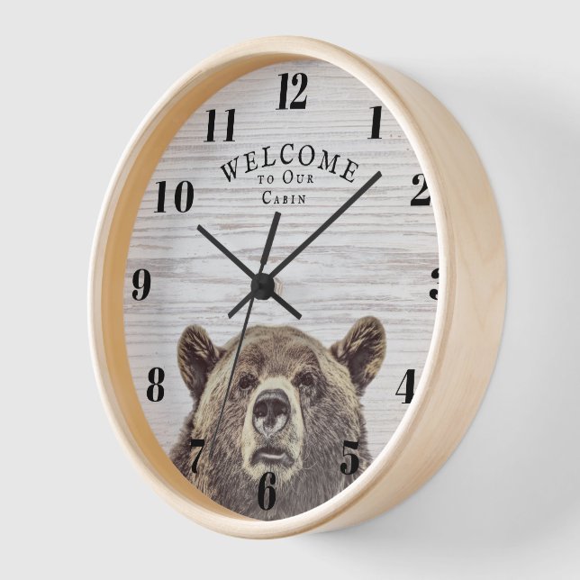 Custom Welcome Rustic Wood Cabin Peeking Bear  Clock (Angle)