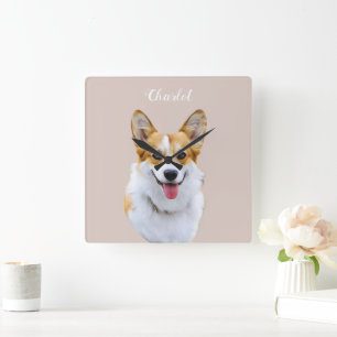 Custom Welsh Corgi Dog Personalised Drawing Square Wall Clock