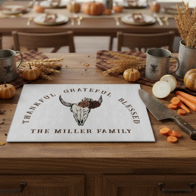 Custom Western Floral Bull Skull Cutting Board (Thanksgiving Cutting Board for Fall. Thankful Grateful Blessed Floral Cow Skull with Family Name.)