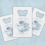 Custom Whale Boy Baby Shower Guest Thank You<br><div class="desc">Custom whale baby shower guest thank you favour bottle opener. Cute design in blue and white,  fully editable with a message (thank you for showering the baby with love in the example),  the mum-to-be name,  and the party date.</div>