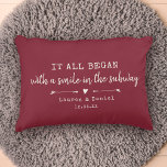 Custom Where It All Began Red Chic Valentine's Day Decorative Cushion<br><div class="desc">Celebrate your love with this chic and romantic throw pillow featuring the location and date you met in ivory vintage typewriter lettering and script design alongside sweet hand-drawn arrows. Choose your own colour and personalise this custom design with your own names and text. This would make the perfect gift for...</div>