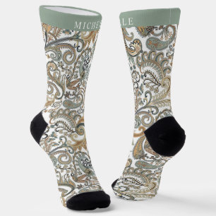 Custom WHhite Black Gold Grey Paisley Pattern Socks