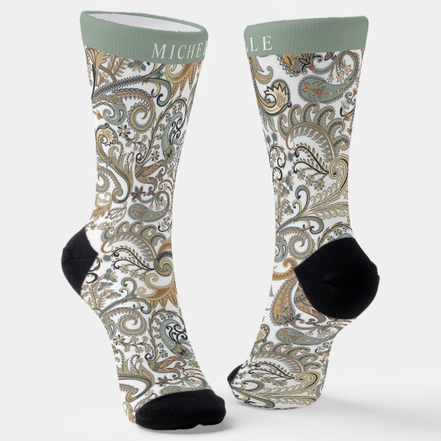 Custom WHhite Black Gold Grey Paisley Pattern Socks (Angled)