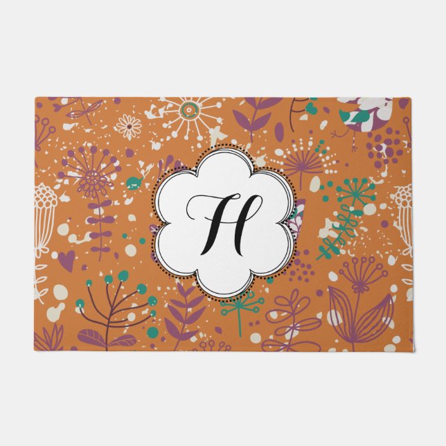 Custom Whimsical Floral Birds Doormat (Front)