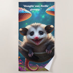 Custom Whimsical Opossum Psychedelic Hippie Beach Towel
