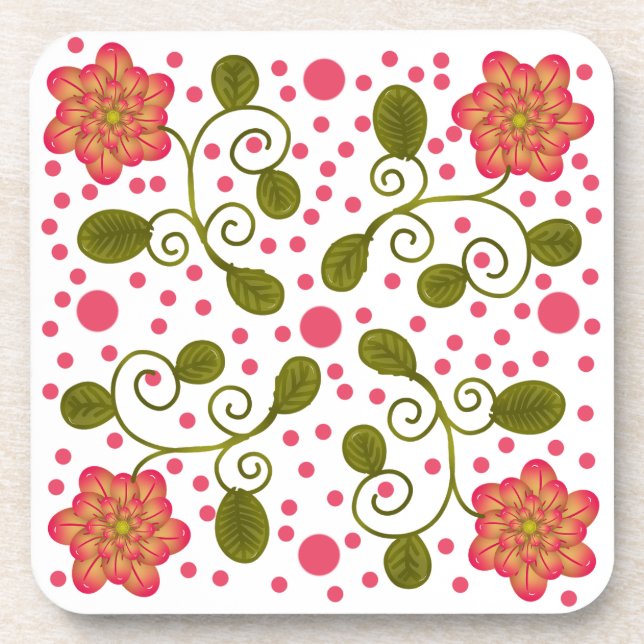 Custom Whimsical Pink Floral & Polka Dot Pattern Coaster (Front)
