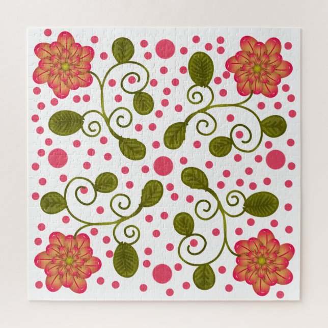 Custom Whimsical Pink Floral & Polka Dot Pattern Jigsaw Puzzle (Vertical)