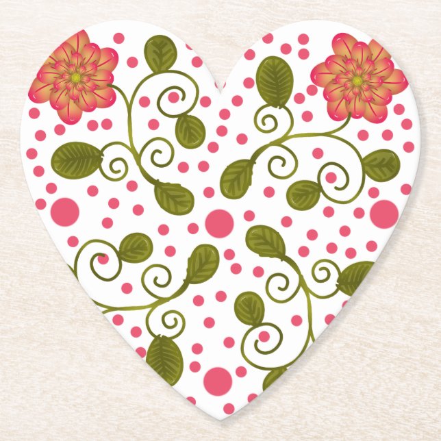 Custom Whimsical Pink Floral & Polka Dot Pattern Paper Coaster (Front)