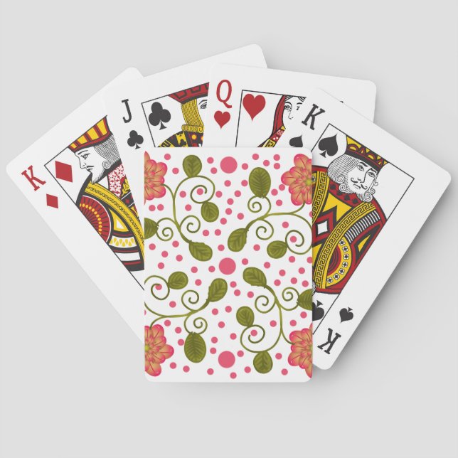 Custom Whimsical Pink Floral & Polka Dot Pattern Playing Cards (Back)