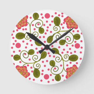 Custom Whimsical Pink Floral & Polka Dot Pattern Round Clock