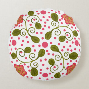 Custom Whimsical Pink Floral & Polka Dot Pattern Round Cushion