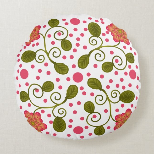 Custom Whimsical Pink Floral & Polka Dot Pattern Round Cushion (Front)