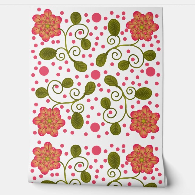 Custom Whimsical Pink Floral & Polka Dot Pattern Wallpaper (Unrolling)