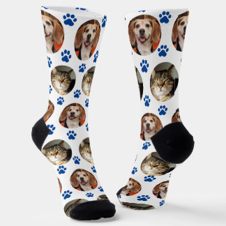  Custom White 2 Pet Photo Blue Paw Prints  Socks