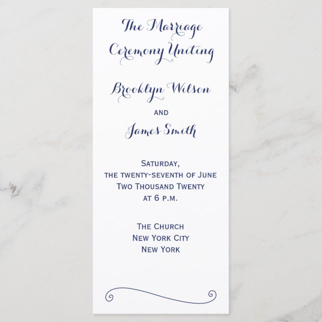 Custom White And Blue Wedding Programs Rack Cards (Front)