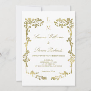 Custom White And Gold Floral Frame Royal Wedding Invitation