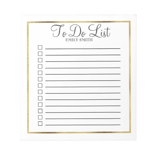 Custom White and Gold To Do Notepad (Front)