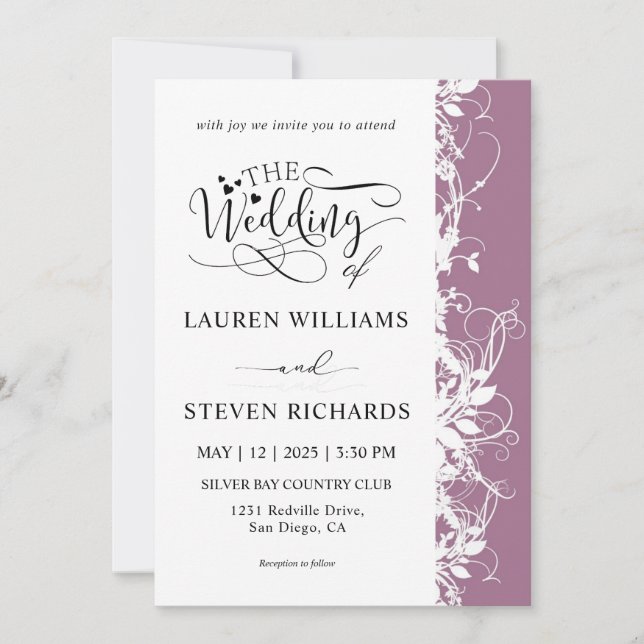Custom White And Violet Purple Wedding Invitation (Front)