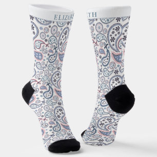 Custom White Background Grey Pink Paisley Pattern Socks