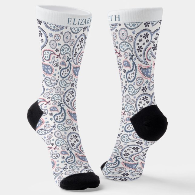 Custom White Background Grey Pink Paisley Pattern Socks (Angled)