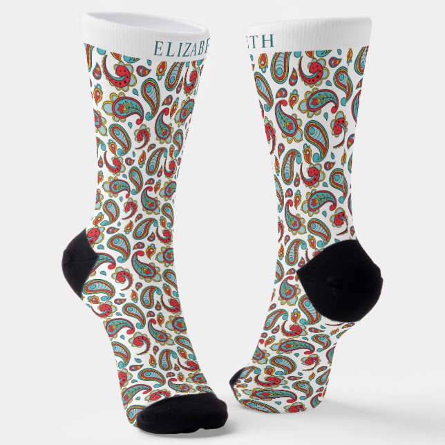 Custom White Beige Red Green Paisley Pattern Socks (Angled)