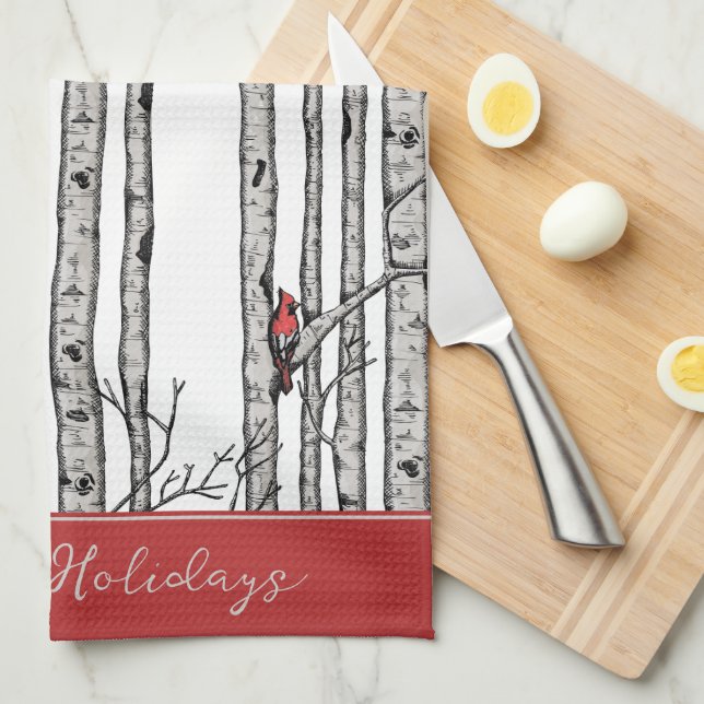 Custom White Birch Trees and Red Cardinal Birds Tea Towel (Quarter Fold)