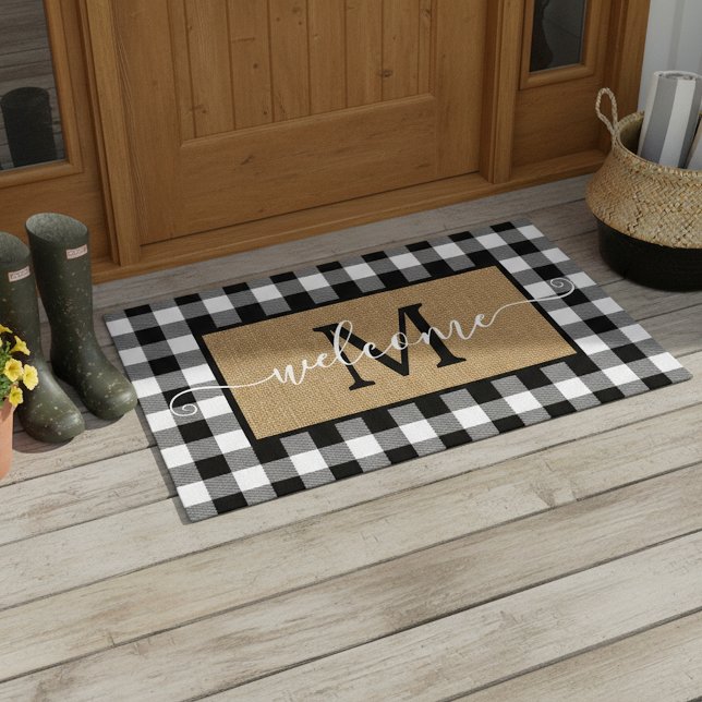 Custom White Black Buffalo Check Tartan Pattern Doormat (Creator Uploaded)