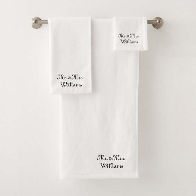 Custom white black script couple name Mr. & Mrs.  Bath Towel Set (Insitu)