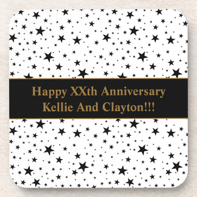 Custom White/Black Stars With Message Anniversary Coaster (Front)