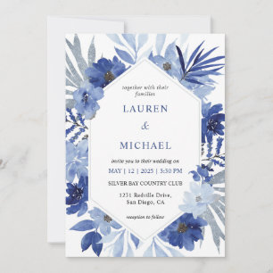 Custom White Blue Bouquet Frame Wedding Invitation
