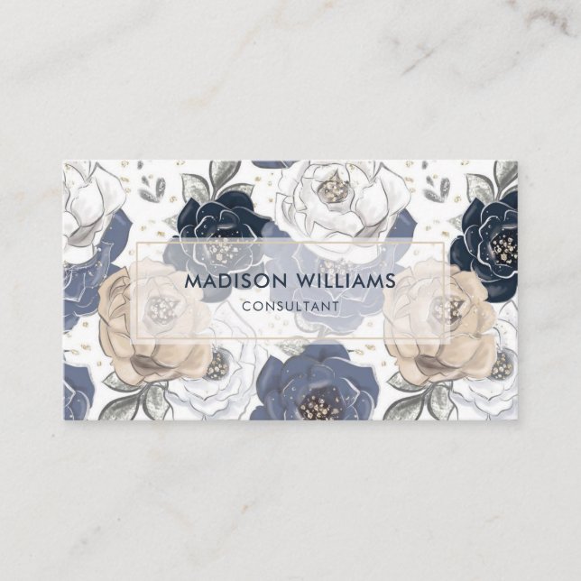 Custom White Blue Pink Floral Pattern Professional Business Card (Front)