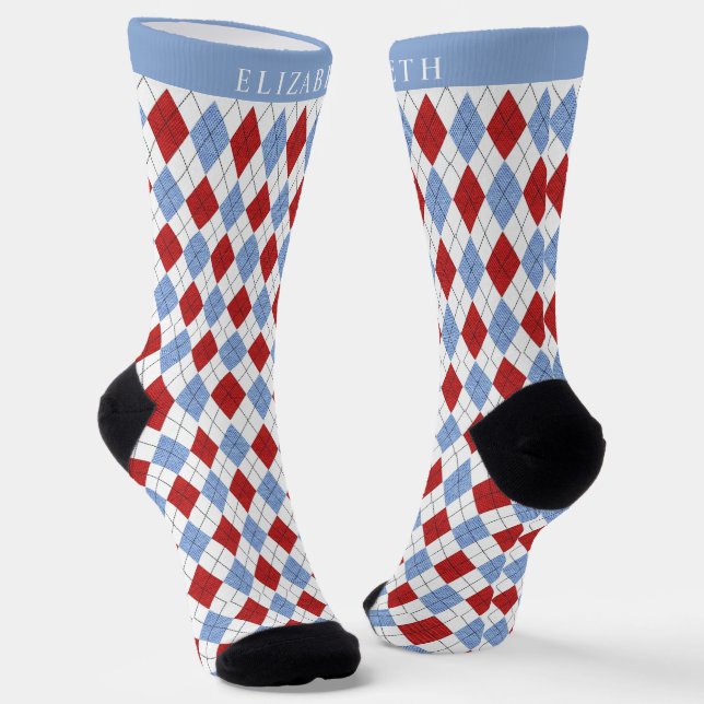 Custom WHite Blue Red Argyle Pattern Socks (Angled)