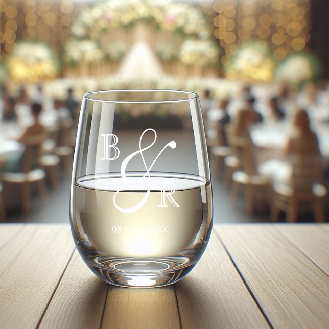 Custom White Calligraphy Couple Names Initials Stemless Wine Glass (Creator Uploaded)