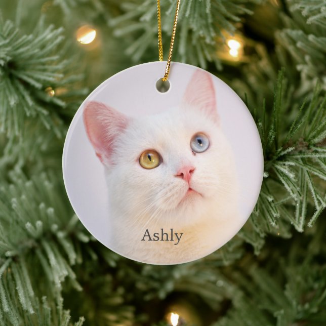 Custom White Cat Photo Personalised Ceramic Ornament (Tree)