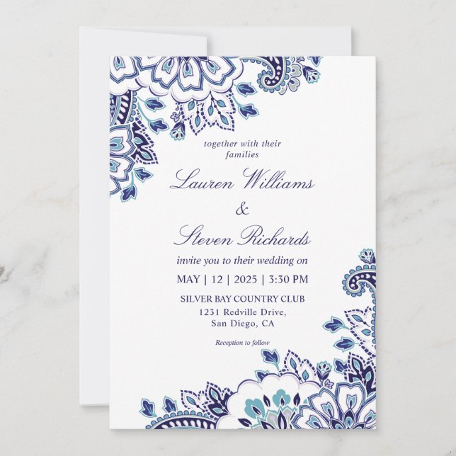 Custom White Dark Blue Coloured Paisley Wedding Invitation (Front)